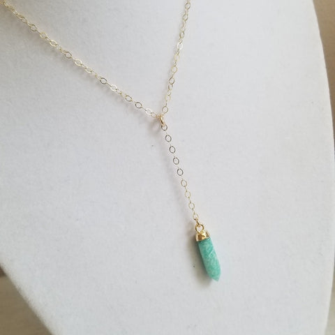 Dainty Y Style Necklace, Amazonite Crystal Point Y Necklace