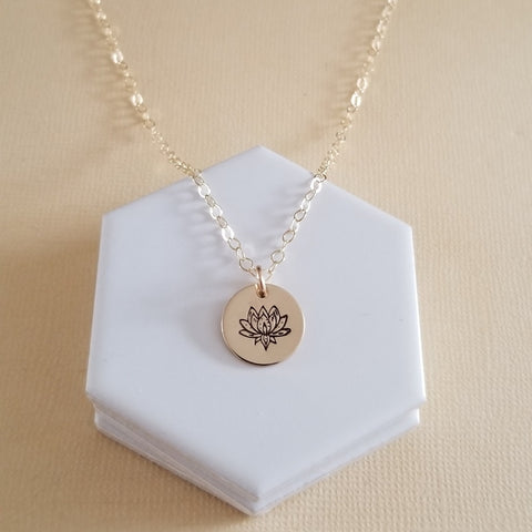 Dainty Gold Lotus Flower Charm Necklace, Thin Gold Chain, Gift for Her, Hand Stamped Jewelry