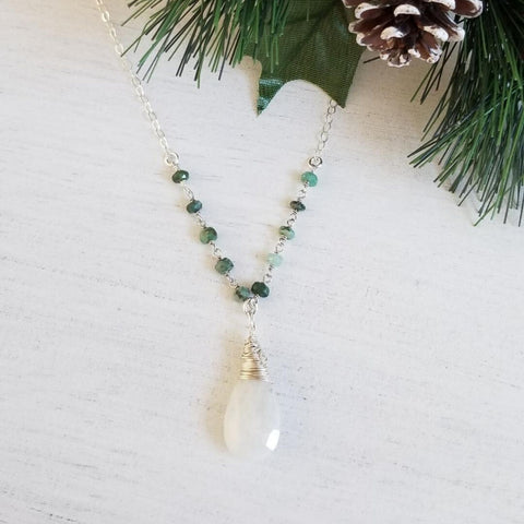 Beaded Emerald Stone Necklace with Teardrop Moonstone