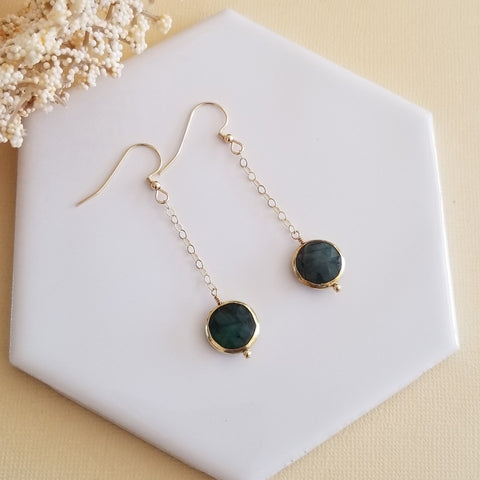 Raw Emerald Earrings, Long Gold Earrings