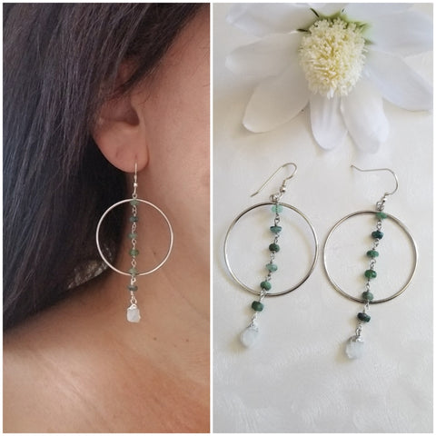 Natural Emerald and Moonstone Earrings, Boho Hoop Earrings