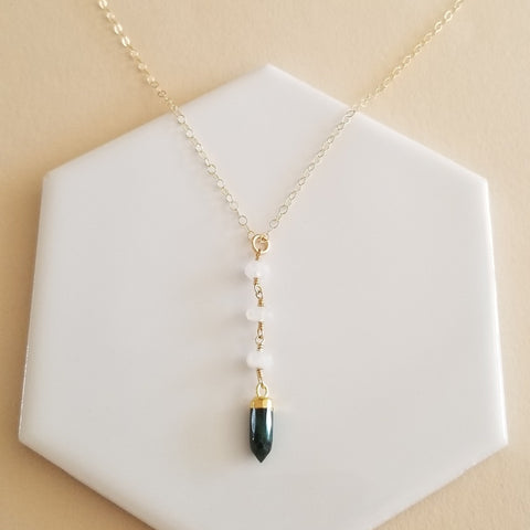 Emerald and Moonstone Center Drop Y Necklace