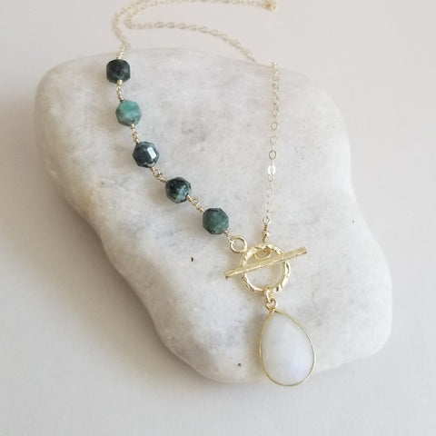 Moonstone and Emerald Necklace for Women, Front Toggle Statement Necklace