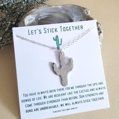Cactus Necklace with Card, Gift for Best Friend, Silver Cactus Pendant, Inspirational Gift, Best Friend Necklace, Let's Stick Together