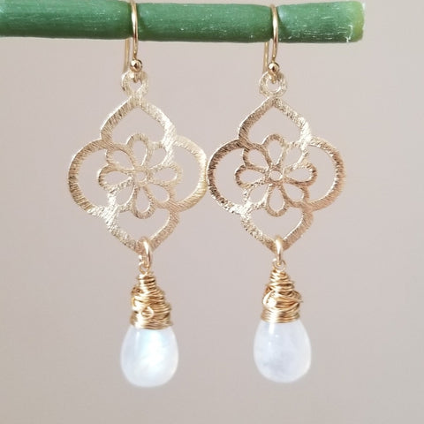 Gold Moonstone Teardrop Earrings, Bride Jewelry, Boho Wedding