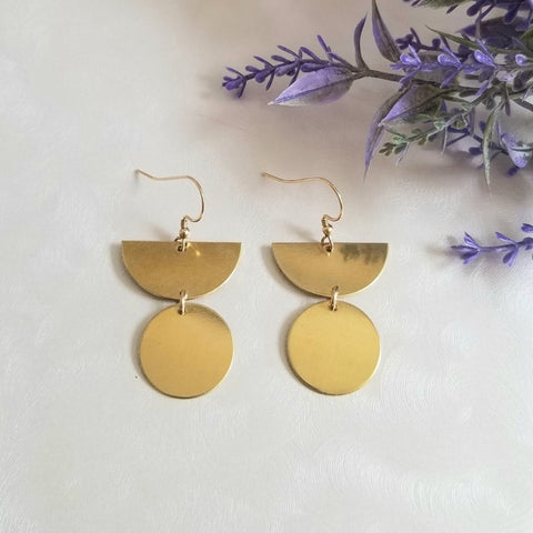 Gold Geometric Earrings, Brass Half Moon Earrings, Art Deco Earrings