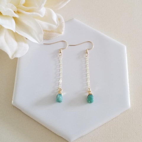 Raw Emerald Earrings, Delicate Gold or Silver Earrings