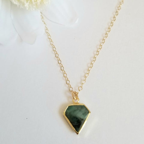 Raw Emerald Pendant Necklace, May Birthstone Necklace