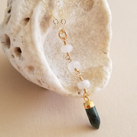 Emerald and Moonstone Center Drop Y Necklace