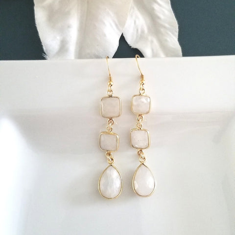 Long Gold Moonstone Dangle Earrings, Handmade Gemstone Earrings in the USA