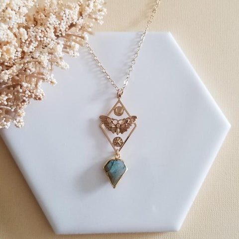 Gold Moth Moon and SUn Pendant Necklace for Women, Talisman Jewelry