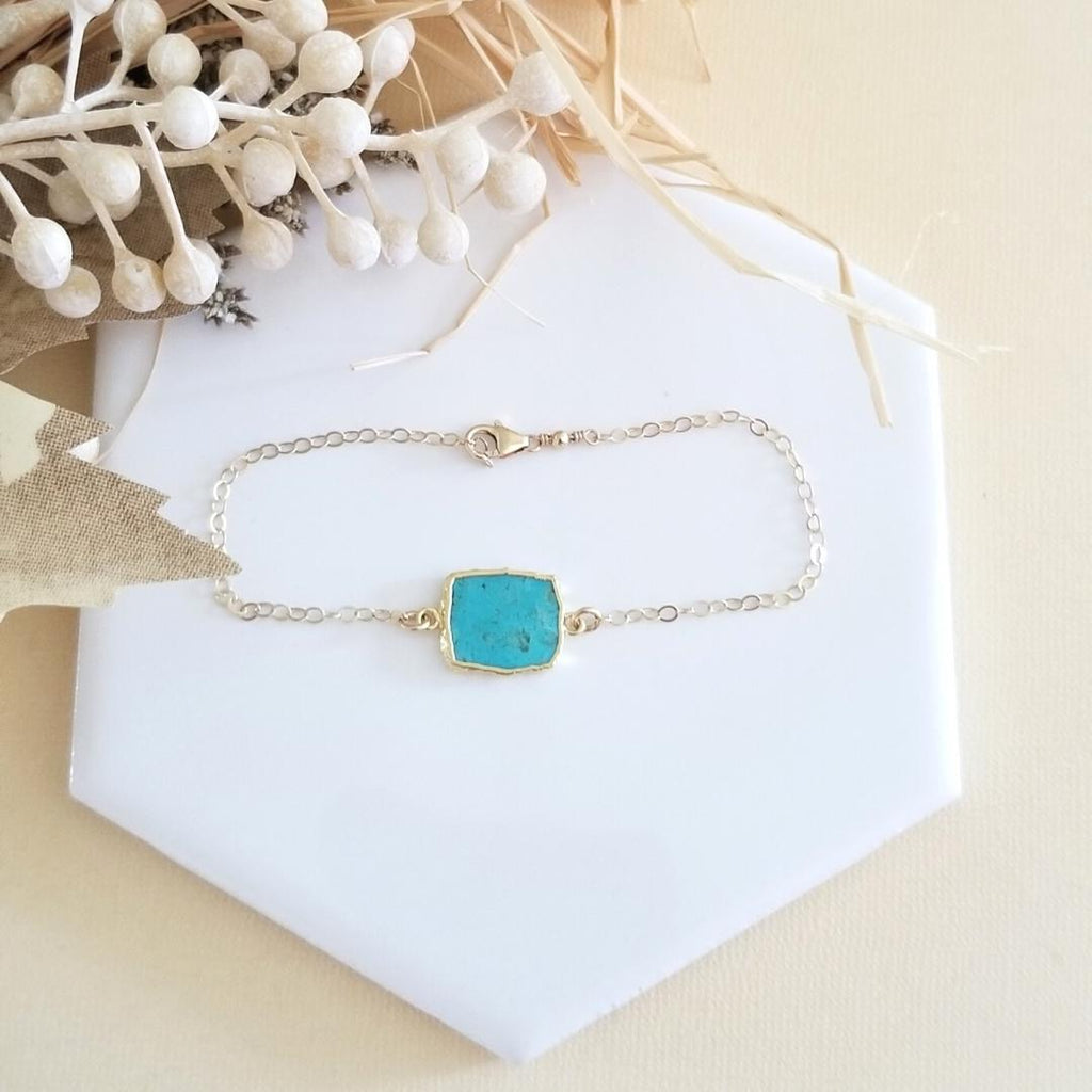 Turquoise Bracelet, Skinny Gold Bracelet, Turquoise Slice, Dainty Gemstone Bracelet, December Birthstone, Turquoise Jewelry for women, Boho Style