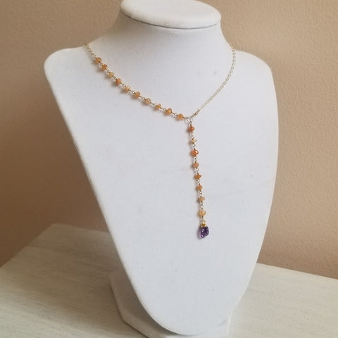 Peach Moonstone and Amethyst Y Necklace, Center Drop Necklace