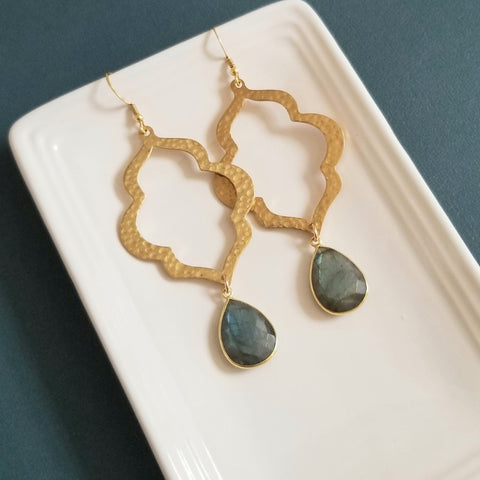 Gold Labradorite Dangle Earrings, Gemstone Statement Earrings