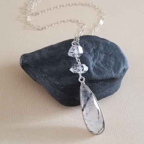 Black Rutilated Quartz Necklace, Herkimer Diamond Pendant, Long Teardrop Stone Necklace, Raw Crystal Necklaces for Women, Gift for Her