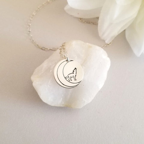 Sterling Silver Wolf Pendant Necklace, Howling Wolf at the Moon Coin Necklace