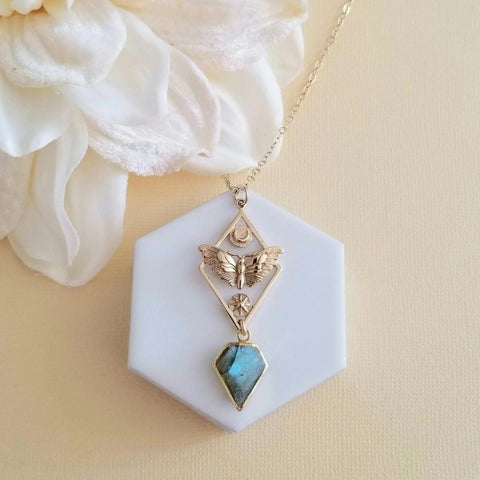 Gold Moth Necklace, Moth Sun and Moon Charm Necklace, Labradorite Moth Pendant, Geometric Moth Necklace with Sun and Moon, Talisman Jewelry