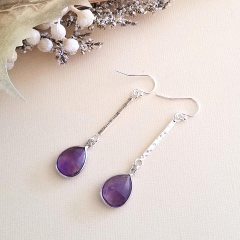 Amethyst Earrings, Sterling Silver Bar Earrings, Long Gemstone Earrings, Boho Style Jewelry, Moonstone Dangle Earrings, Gift for Her