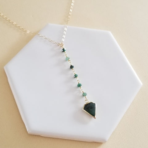 Emerald Necklace, Emerald Pendant Necklace, Long Center Drop Necklace, May Birthstone, Gold Emerald Y Necklace, Boho Beaded Necklace