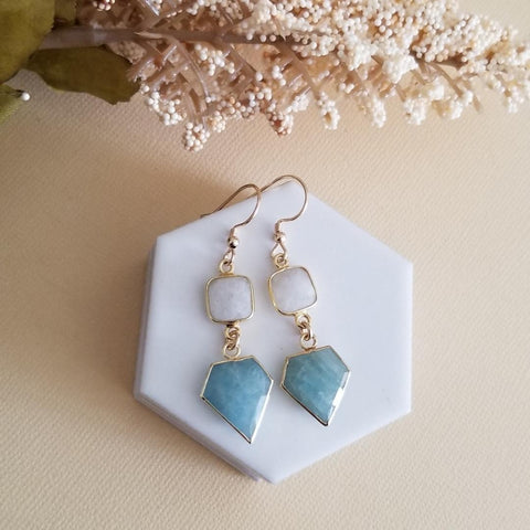 Aquamarine and Moonstone Earrings, Gemstone Statement Earrings, Aquamarine Dangle Earrings, Raw Crystal Earring, Gift for Her, 14k Gold Fill