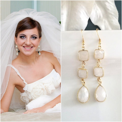 Moonstone Bride Earrings, Long Gold Moonstone Earrings, Wedding Day Jewelry