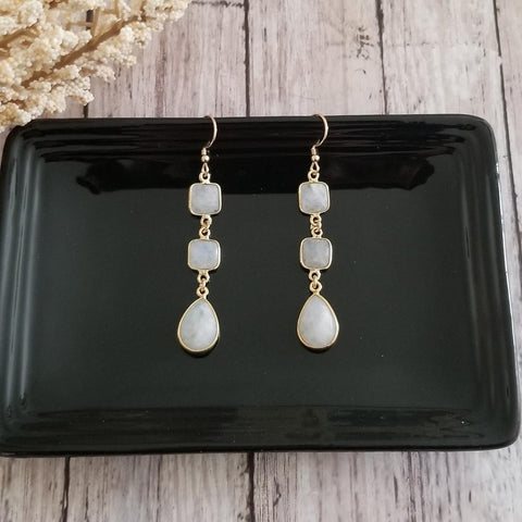 Moonstone Bride Earrings, Long Gold Moonstone Earrings, Wedding Day Jewelry