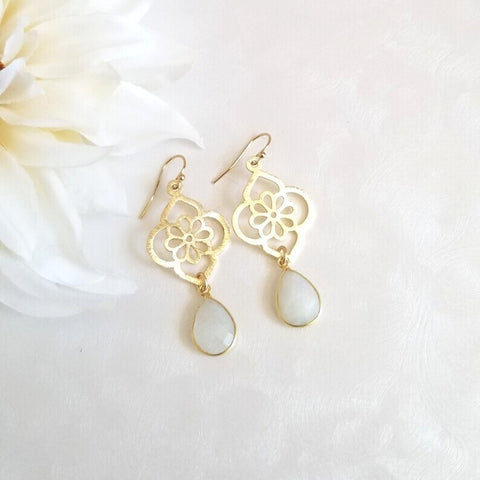 Bride Earrings, Gold Floral Moonstone Earrings, Wedding Earrings