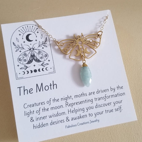 Gold Luna Moth Pendant Necklace with Raw Aquamarine, Transformation Jewelry, Raw Aquamarine Necklace for Women, Talisman Jewelry, Moth Moon Necklace