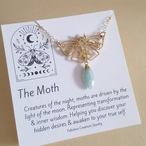Gold Luna Moth Pendant Necklace with Raw Aquamarine, Transformation Jewelry