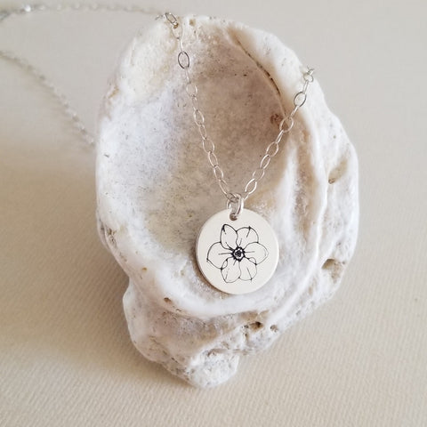 Handmade Flower Pendant Necklace, December Birth Flower Necklace, Coin Necklace