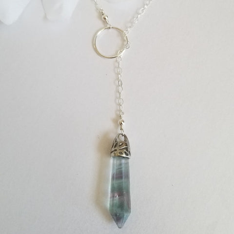 Fluorite Lariat Necklace, One of a Kind Sterling Silver Fluorite Y Necklace