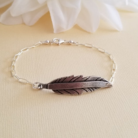 Feather Bracelet, Silver Paperclip Chain Bracelet, Boho Feather Bracelet, Oxidized Bracelet, Rustic Jewelry, Everyday Bohemian Bracelet