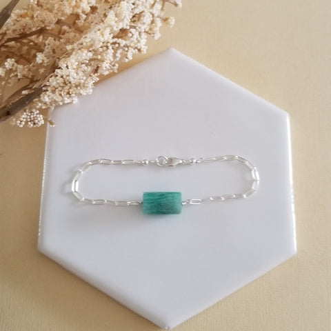 Paperclip Chain Bracelet with Amazonite, Sterling SIlver Bracelet for Women, Gemstone Bracelet, Gift for Her