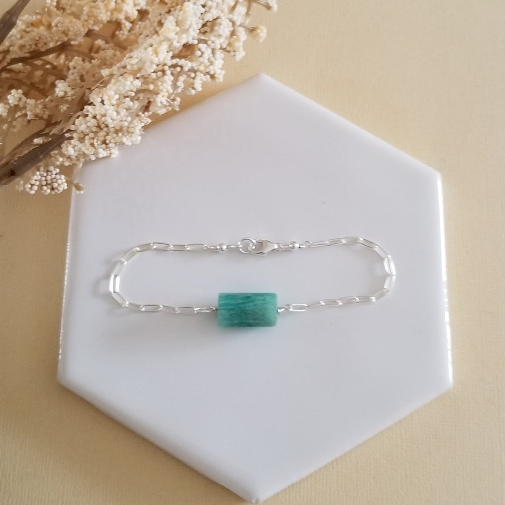 Paperclip Chain Bracelet with Amazonite, Sterling SIlver Bracelet for Women, Gemstone Bracelet, Gift for Her