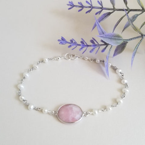 Pink Opal Bracelet, Dainty Pearl Bracelet, Gift for Her