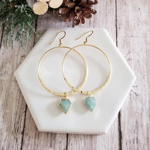 Raw Aquamarine Crystal Gold Hoop Earrings, Boho Hoop Earrings