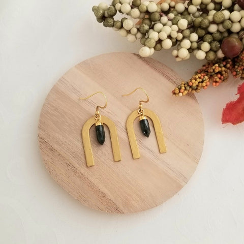 Gold Emerald Arch Earrings, Hammered Earrings, Gift for Her, Handmade Gemstone Earrings in the USA