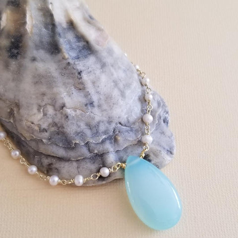 qua Chalcedony Necklace, Beaded Pearl Necklace, Boho Beaded Necklace, Aqua Chalcedony Teardrop Pendant, Bohemian Jewelry, Gift for Her