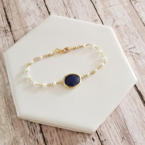 Sapphire Bracelet, Dainty Pearl Bracelet, September Birthstone, Gold Sapphire Bracelet, Gift for Her, Freshwater Pearl and Sapphire Bracelet