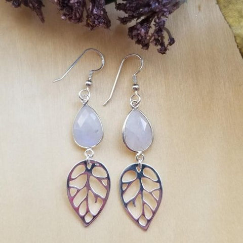 Silver Leaf and Moonstone Earrings, Fall Wedding, Statement Earrings