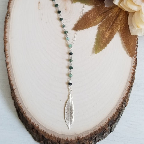 Raw Emerald Y Style Necklace, Center Drop Feather Necklace