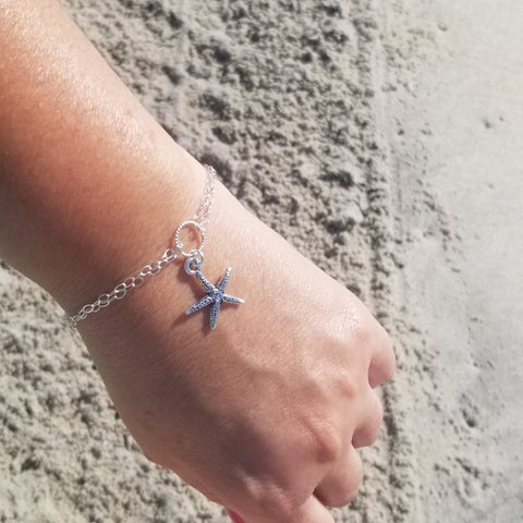 Silver Starfish Bracelet, Double Strand Charm Bracelet