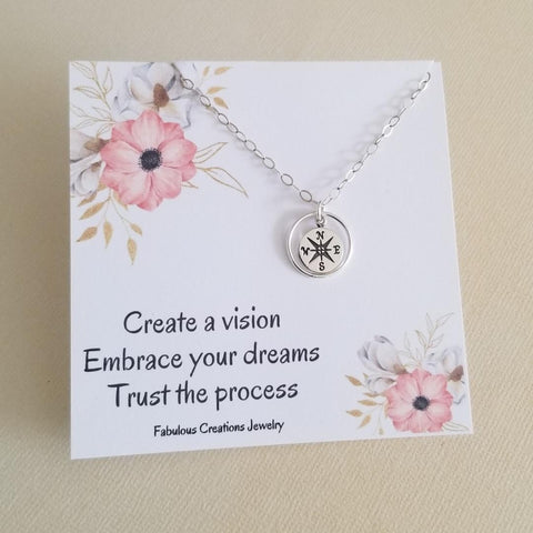 Sterling Silver Compass Pendant Necklace, Graduation Gift