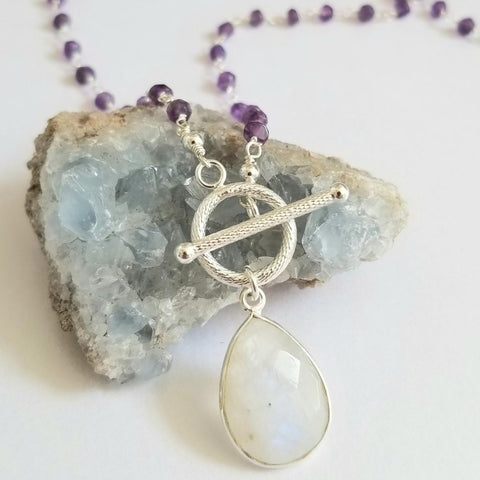 Silver Front Toggle Necklace, Amethyst and Moonstone Necklace
