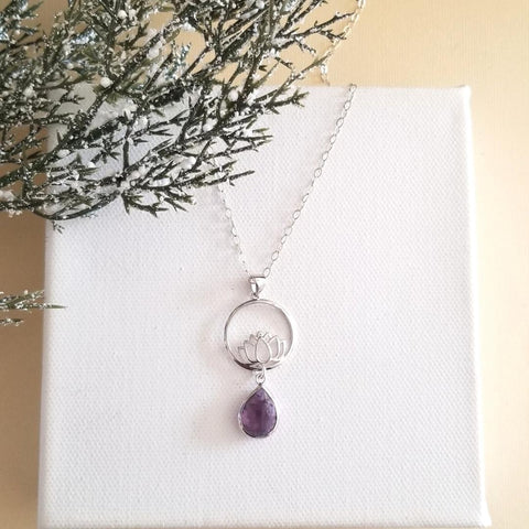 Lotus Flower Necklace Sterling Silver, Amethyst Pendant Necklace, Inspirational Gift, Lotus Necklace with Amethyst Teardrop, Silver Lotus Pendant