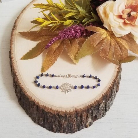 rosary chain gemstone bracelet, silver lotus flower bracelet