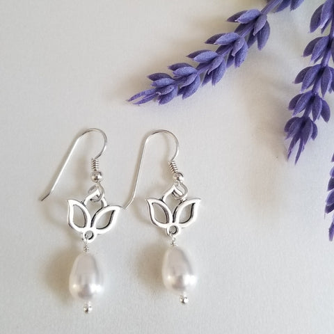Silver Lotus Flower Pearl Earrings for Women