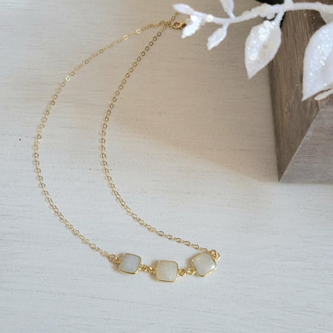 Gold Moonstone Necklace, Three Moonstone Bar Necklace