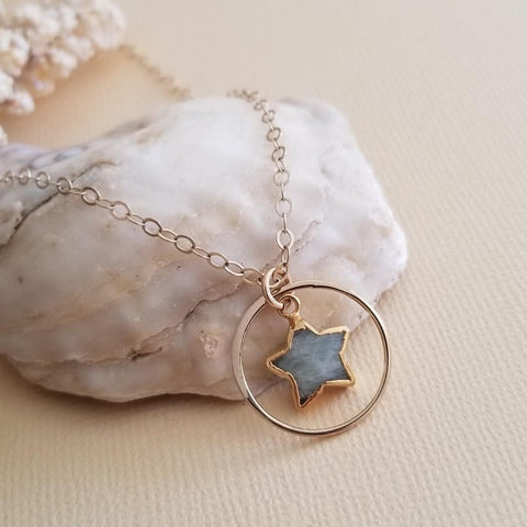 Aquamarine Star Pendant Necklace, Dainty Gold Filled Chain Necklace