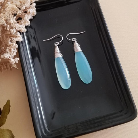 Aqua Chalcedony Drop Earrings, Chalcedony Dangle Earrings, Boho Stone Earrings, Wire Wrapped Aqua Chalcedony Earrings, Long Gemstone Earring